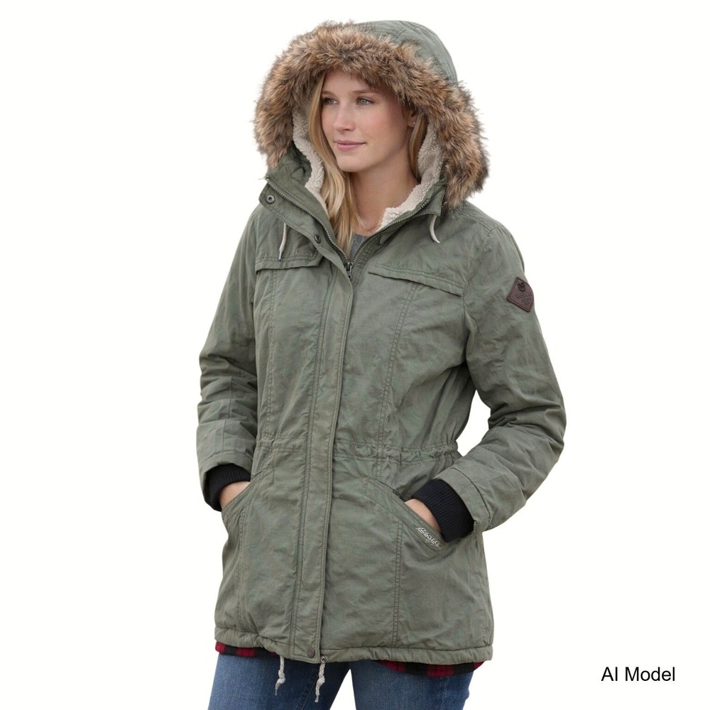Eddie Bauer Parka L Olive Green Faux Fur Hood Sherpa Lined Gorp Outdoor Heritage